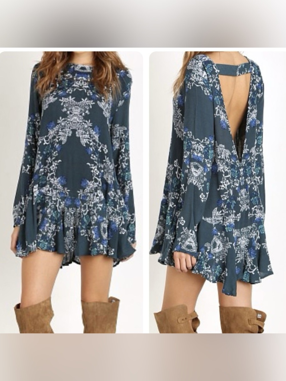 Free People Small Smooth Talker Long Sleeve Tunic Mini Dress In‎ Emerald Green